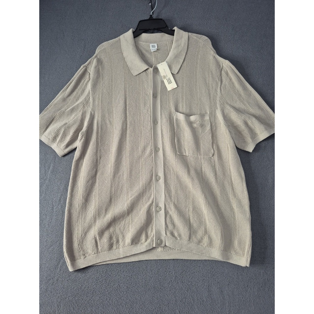 BDG Button Up Mens XL Beige Short Sleeve Chevron Knit Sweater Collared NWT
